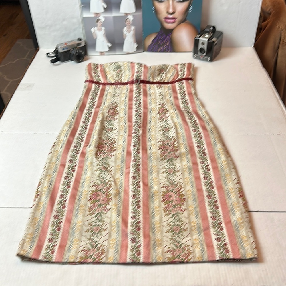 Vintage 80s 90s Moods Strapless Floral Brocade Dress Belted Size 12